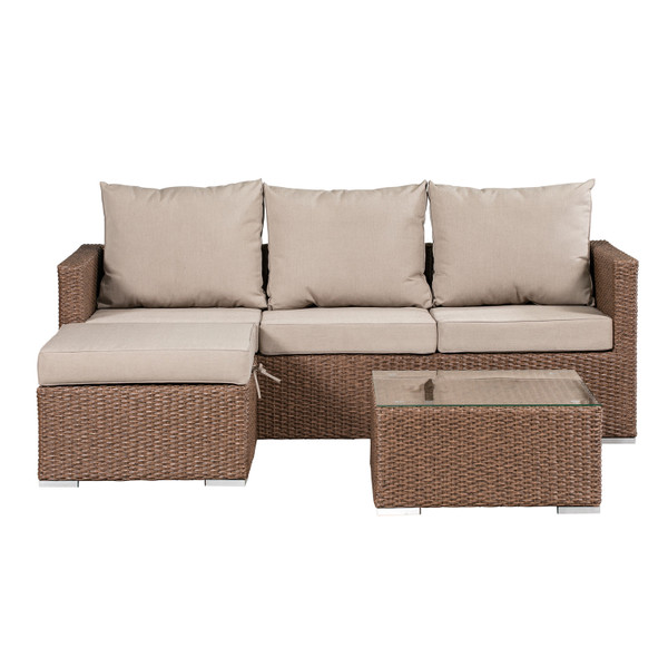 PATIOFLARE EVAN SOFA SET, BROWN WICKER & BEIGE CUSHIONS