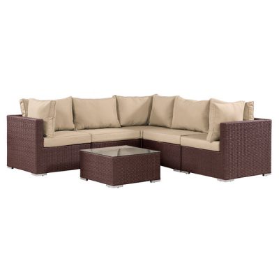 PATIOFLARE NAPIER SOFA SET, DARK BROWN WICKER & BEIGE CUSHIONS